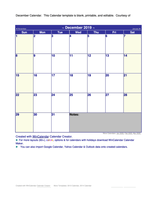 December 2019 Calendar Template Printable pdf