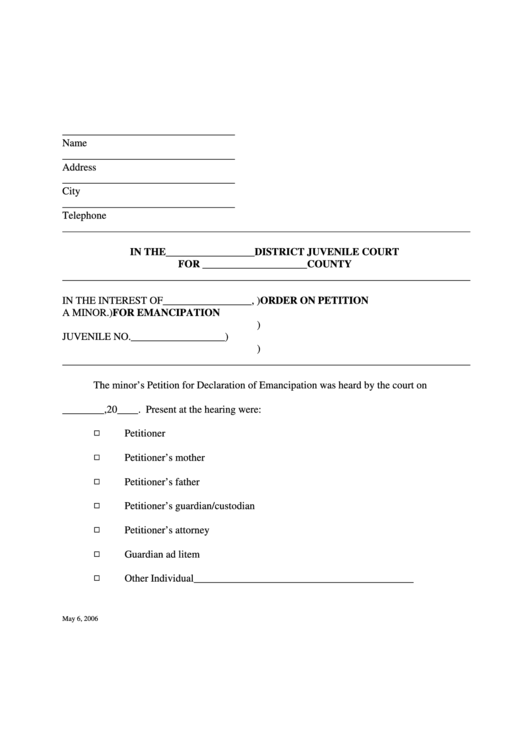 Fillable Order On Petition For Emancipation Printable pdf