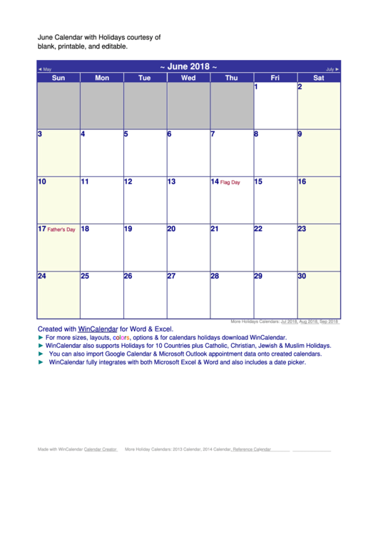 June 2018 Calendar Template