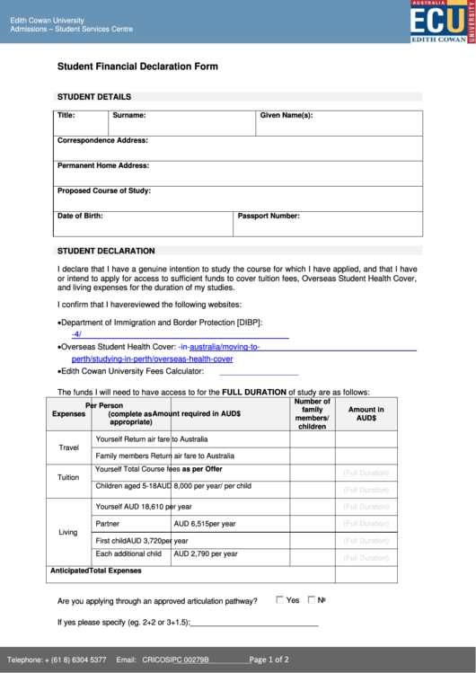 Student Financial Declaration Form Printable pdf