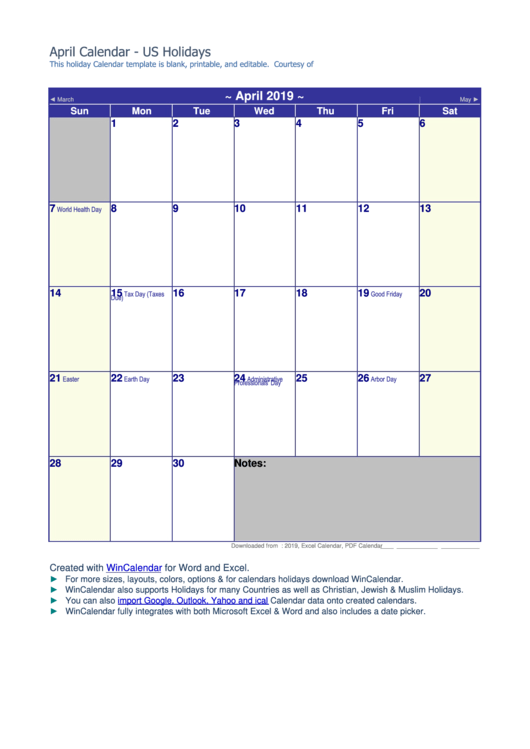 April 2019 Calendar Template With Holidays Printable pdf
