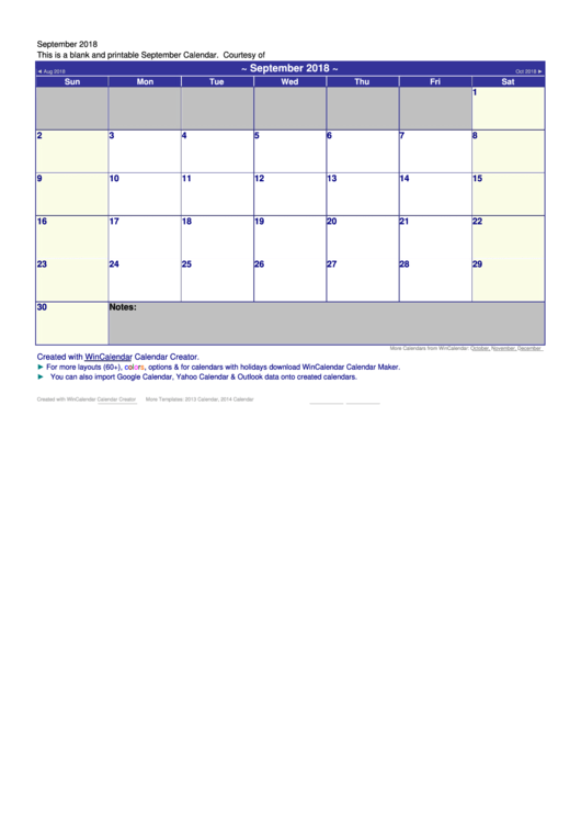 September 2018 Calendar Template Printable pdf
