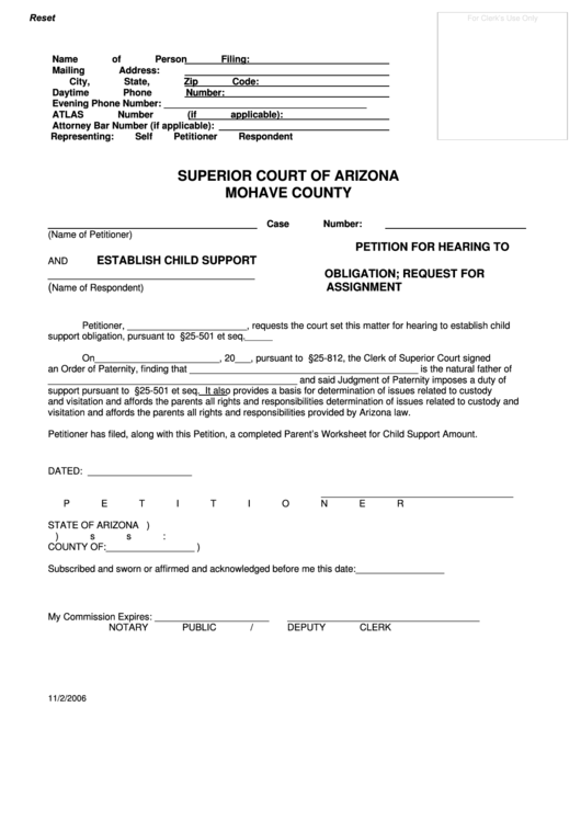 Fillable Petition For Hearing To Establish Child Support Obligation - Request For Assignment Printable pdf