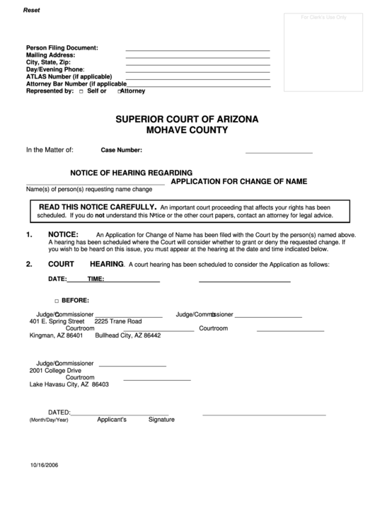 Fillable Notice Of Hearing Regarding Application For Change Of Name Printable pdf