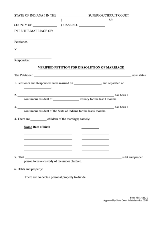 Fillable Verified Petition For Dissolution Of Marriage Printable pdf