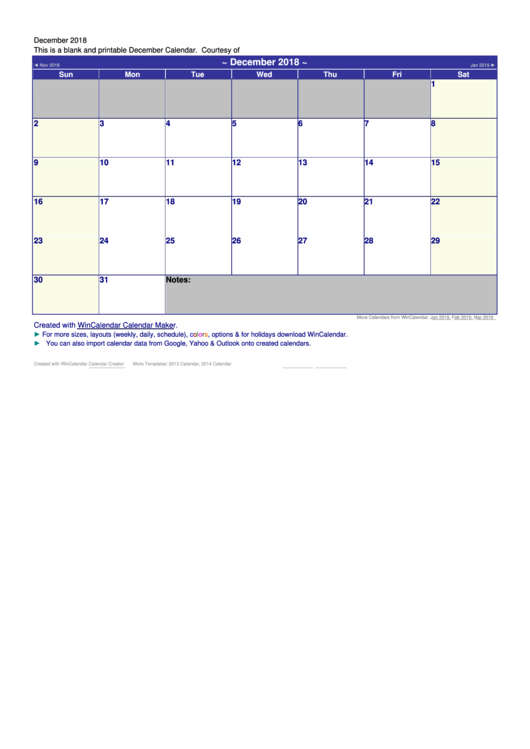 2018 December Calendar Template Printable pdf