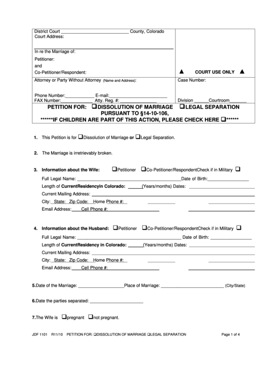 Fillable Petition For Dissolution Of Marriage Form Printable pdf
