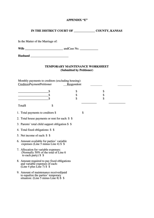 Temporary Maintenance Worksheet Printable pdf
