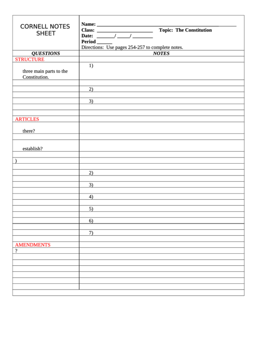 Cornell Notes Sheet Printable pdf