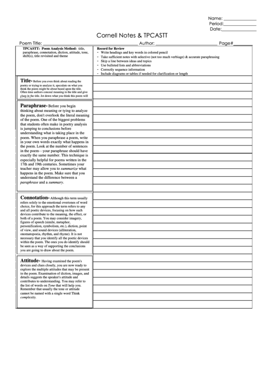 Poetry Analysis Cornell Notes Template Printable pdf