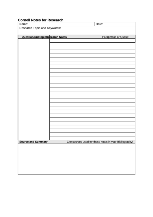 Cornell Notes For Research Printable pdf