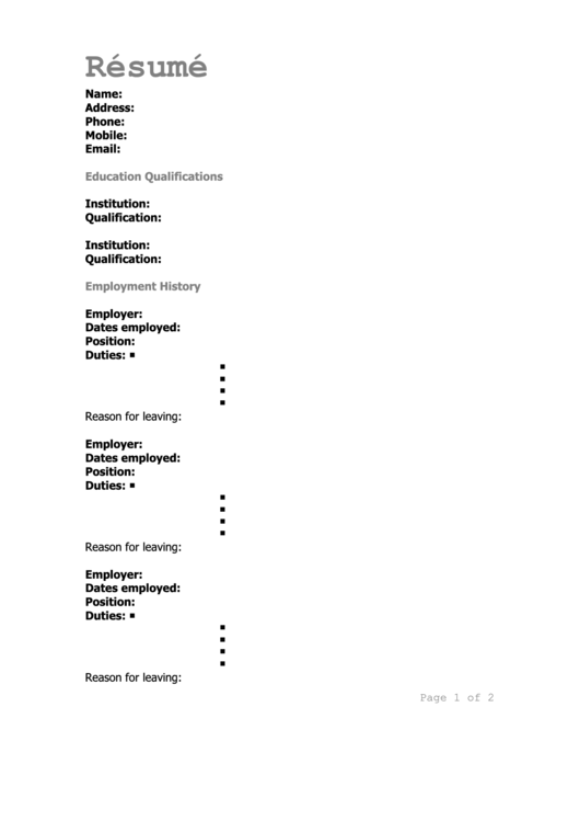 Resume Templates Printable pdf