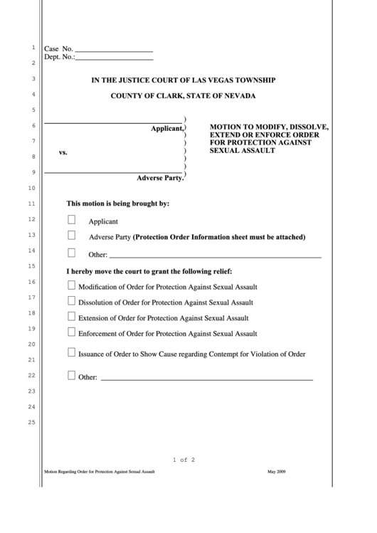 Fillable Motion To Modify, Dissolve, Extend Or Enforce Order For Protection Against Sexual Assault - Nevada Justice Court Printable pdf