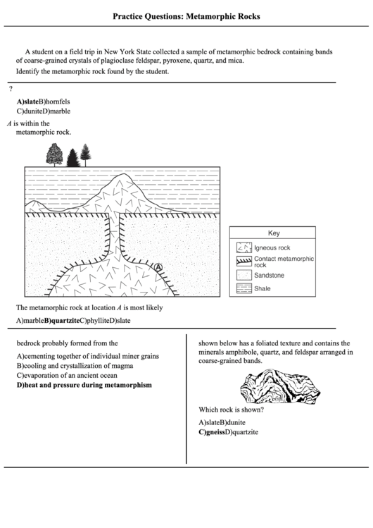 Practice Questions: Metamorphic Rocks Printable pdf