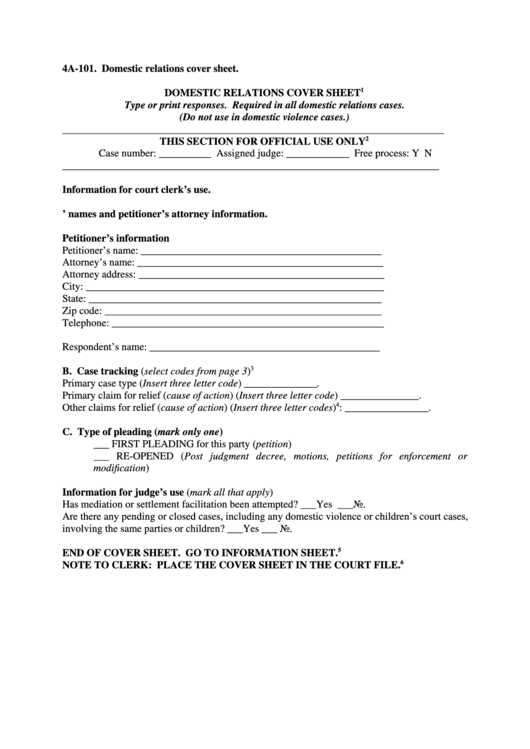 Domestic Relations Cover Sheet Printable pdf