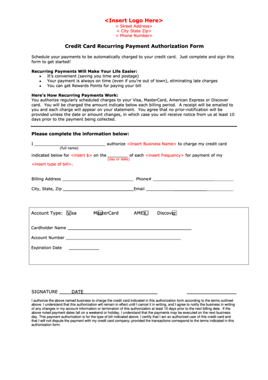 Credit Card Recurring Payment Authorization Form Printable pdf