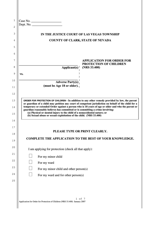Fillable Application For Order For Protection Of Children - Nevada Justice Court - 2007 Printable pdf