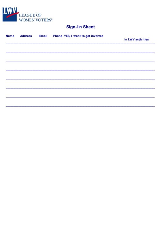 League Of Women Voters Sign-In Sheet Template Printable pdf