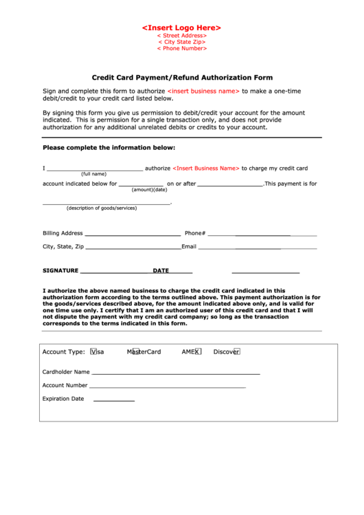 Credit Card Payment/refund Authorization Form Printable pdf