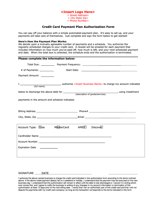 Credit Card Payment Plan Authorization Form Printable pdf