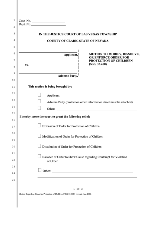 Motion To Modify, Dissolve, Or Enforce Order For Protection Of Children - Nevada Justice Court Printable pdf