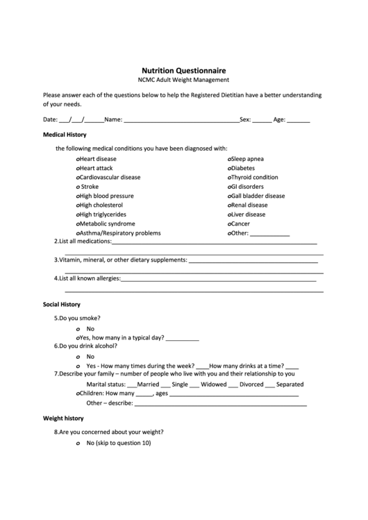 Nutrition Questionnaire Printable pdf