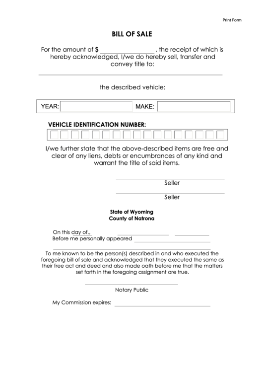 Fillable Vehicle Bill Of Sale Template Printable pdf