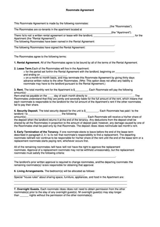 Fillable Roommate Agreement Template Printable pdf
