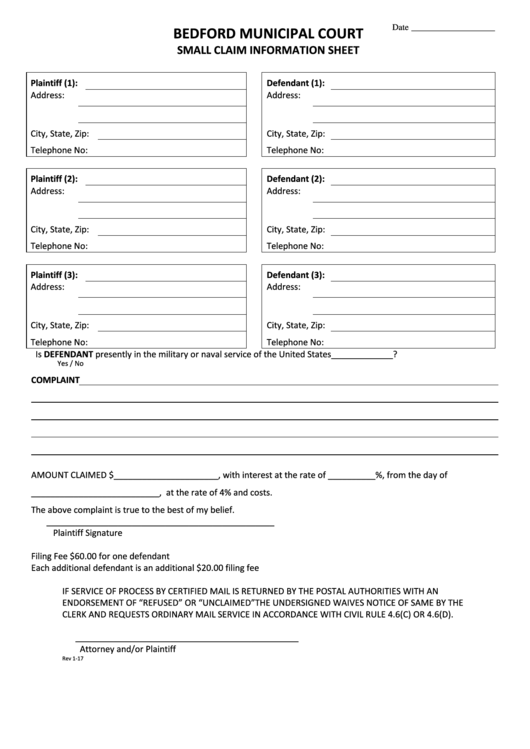 Bedford Municipal Court Small Claim Information Sheet printable pdf