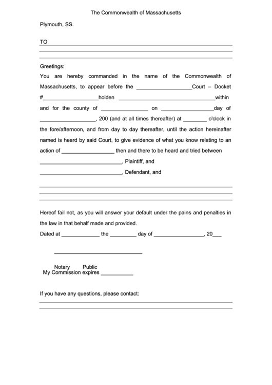 The Commonwealth Of Massachusetts Subpoena Form Printable pdf