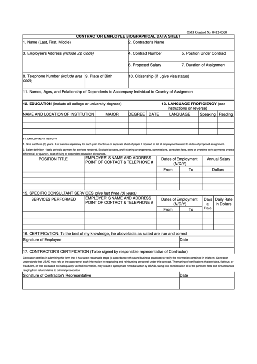 Contractor Employee Biographical Data Sheet Printable pdf