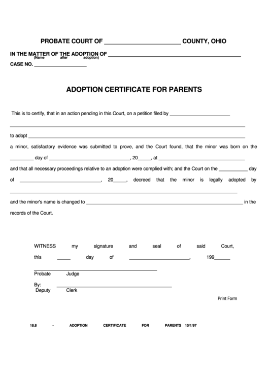 Fillable Adoption Certificate For Parents Printable pdf