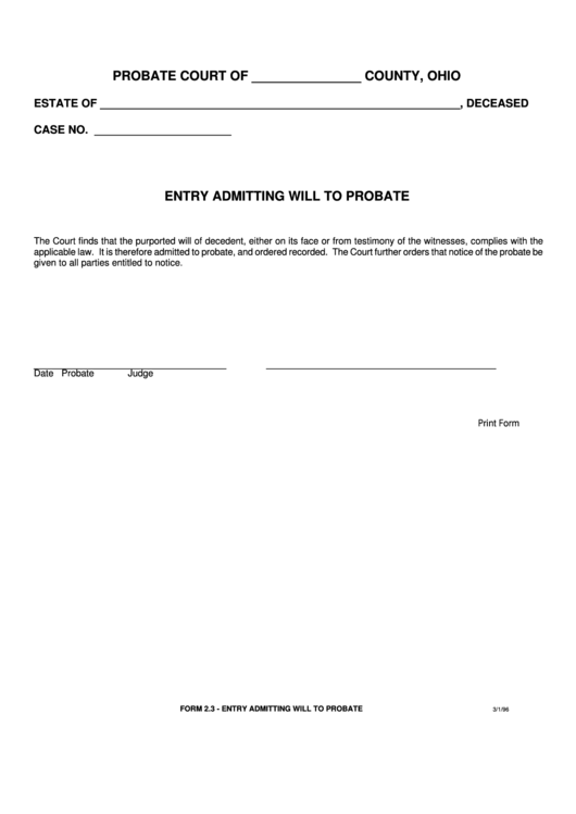 Fillable Form 2.3 - Entry Admitting Will To Probate Printable pdf
