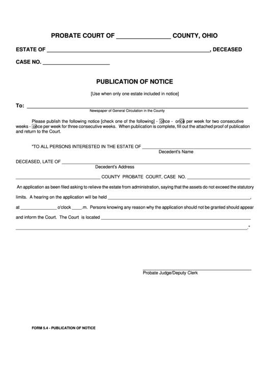 Fillable Form 5.4 - Publication Of Notice Printable pdf