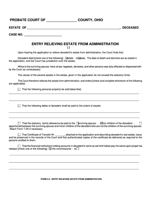 Fillable Entry Relieving Estate From Administration - Ohio Probate Court (Fillable) Printable pdf