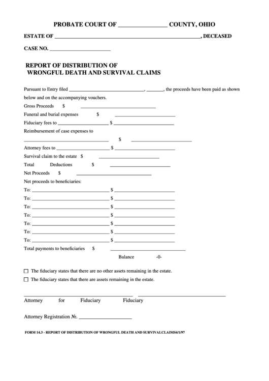 Fillable Report Of Distribution Of Wrongful Death And Survival Claims Form Printable pdf