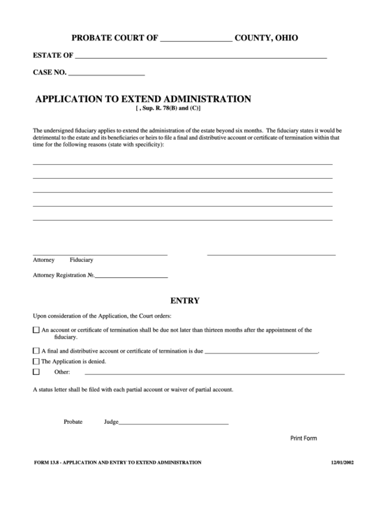 Fillable Application To Extend Administration Printable pdf