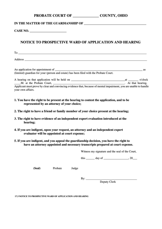 Fillable Notice To Prospective Ward Of Application And Hearing Form Printable pdf