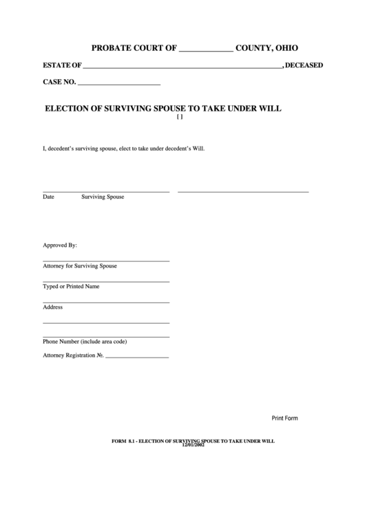 Fillable Election Of Surviving Spouse To Take Under Will Printable pdf