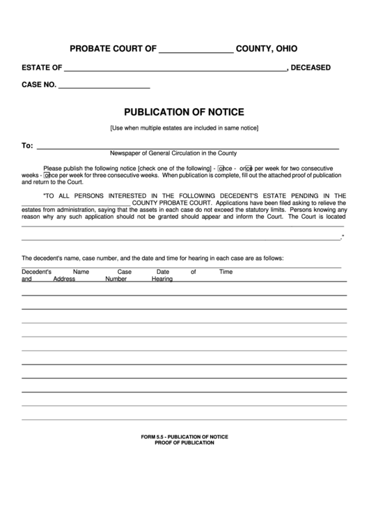 Fillable Form 5.5 - Publication Of Notice Proof Of Publication Printable pdf