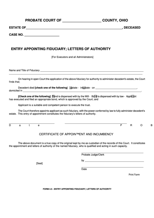 Fillable Entry Appointing Fiduciary; Letters Of Authority Printable pdf
