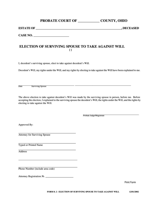Fillable Election Of Surviving Spouse To Take Against Will Printable pdf