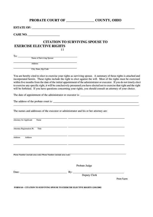 Fillable Citation To Surviving Spouse To Exercise Elective Rights Printable pdf