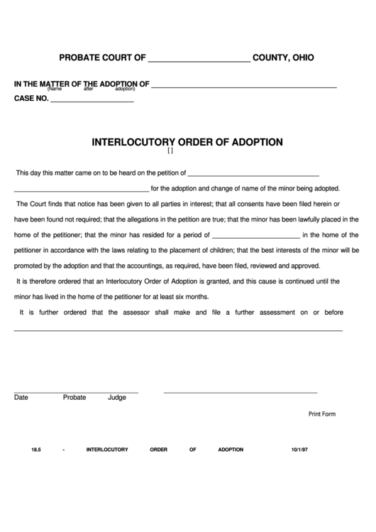 Fillable Interlocutory Order Of Adoption Printable pdf