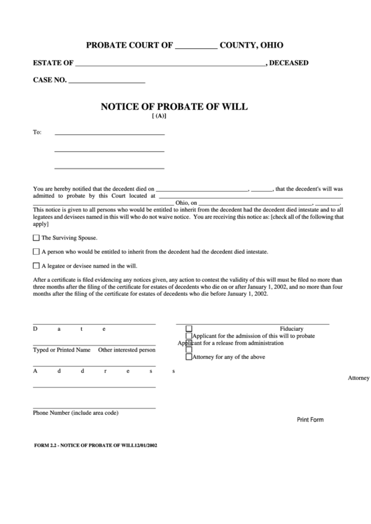 Fillable Notice Of Probate Of Will Printable pdf