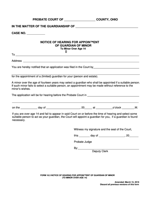 Fillable Form 16.3 - Notice Of Hearing For Appointment Of Guardian Of Minor (To Minor Over Age 14) Printable pdf