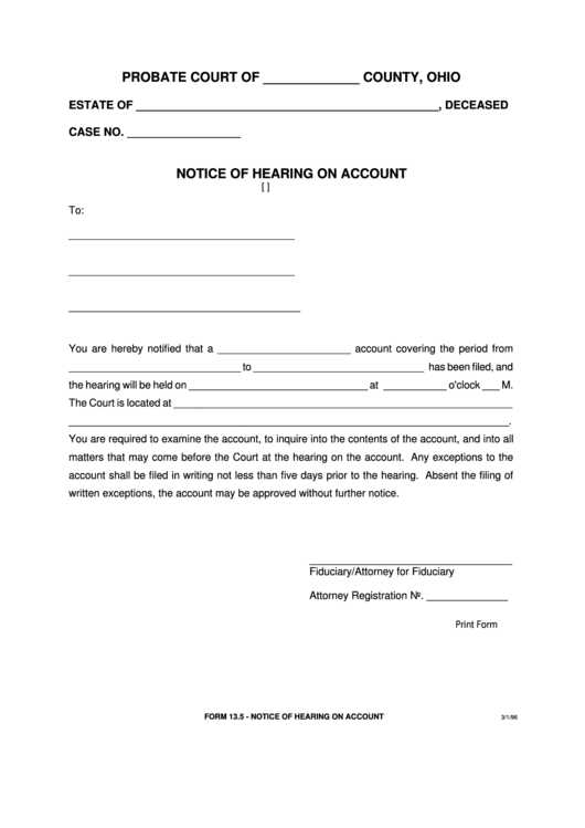 Fillable Notice Of Hearing On Account Printable pdf