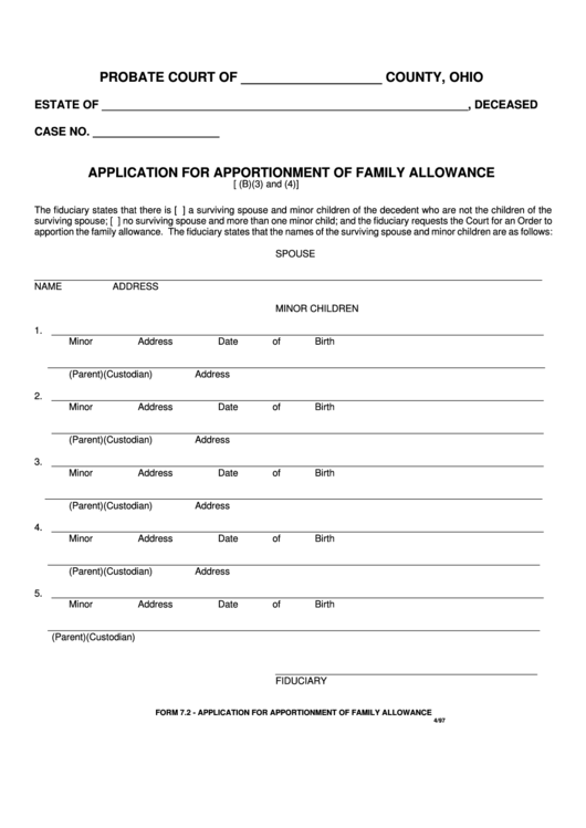Fillable Application For Apportionment Of Family Allowance Printable pdf