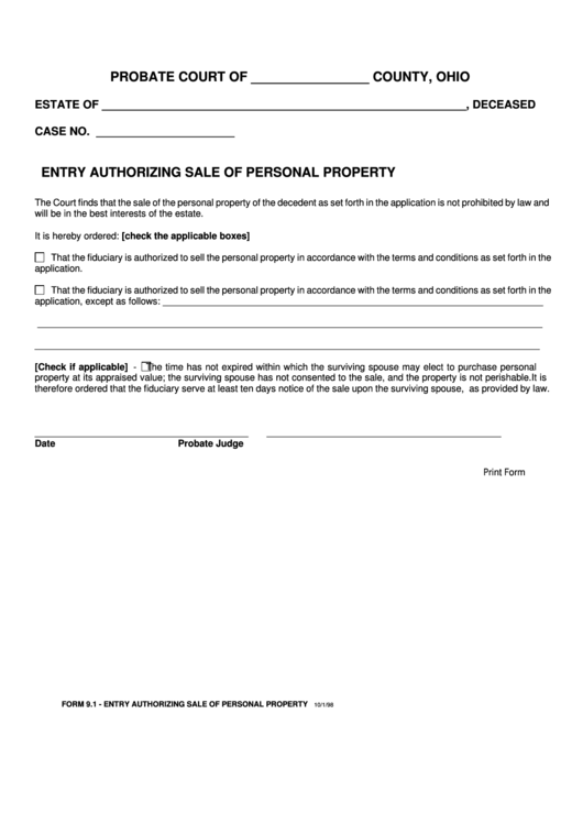 Fillable Form 9.1 - Entry Authorizing Sale Of Personal Property Printable pdf
