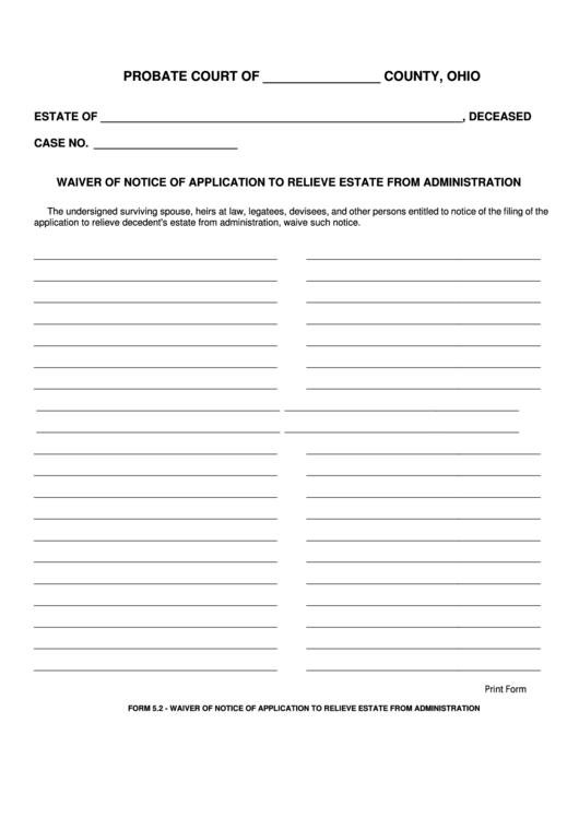 Fillable Waiver Of Notice Of Application To Relieve Estate From Administration Form Printable pdf